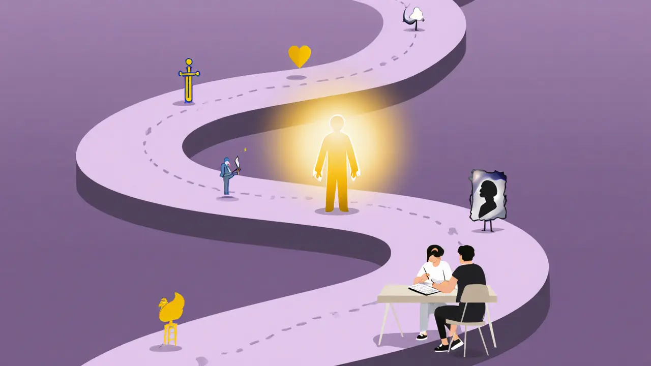 Cesta individuačního procesu s cestou k zářivému Self, doprovázená ikonami archetypů a deníkem snů.