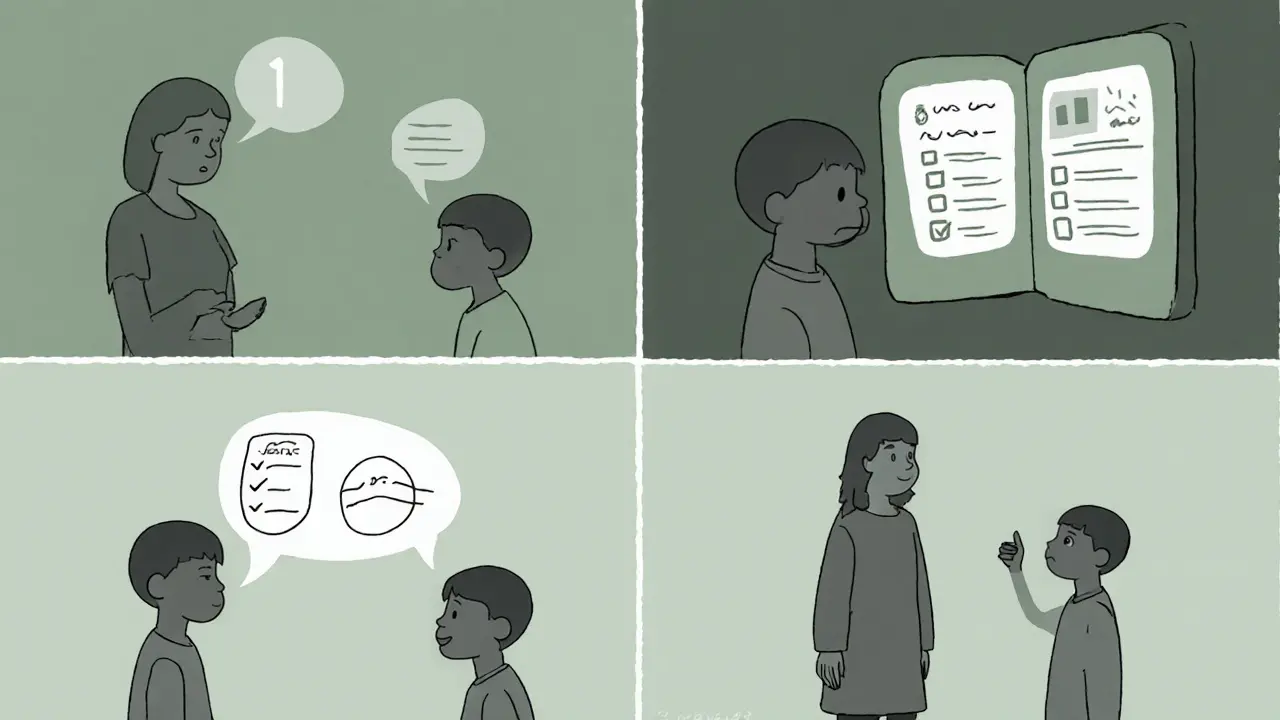 Čtyři panely ukazující kroky krátké intervence v terapii.