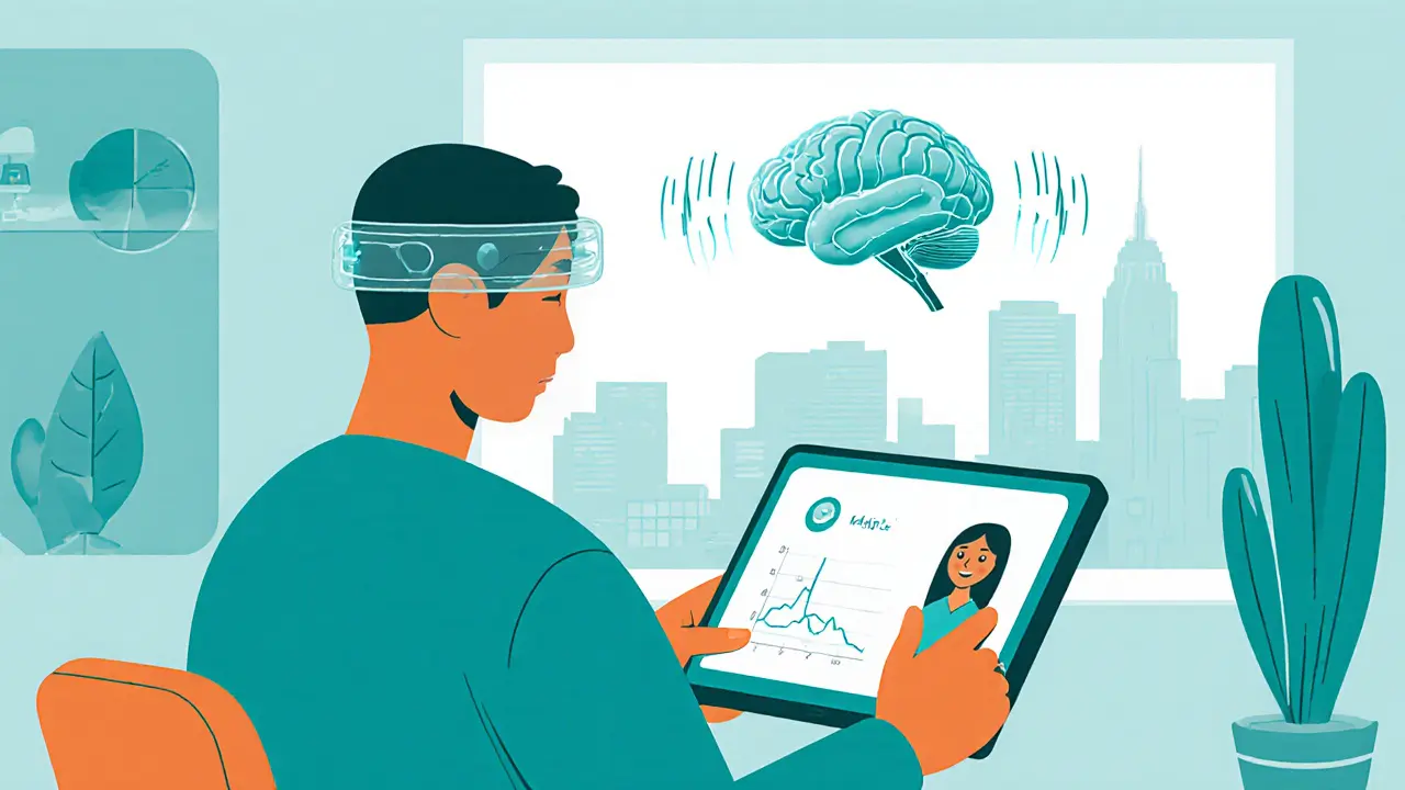 Osoba používá tablet pro online terapii, vidí graf nálady a neurofeedback pás.