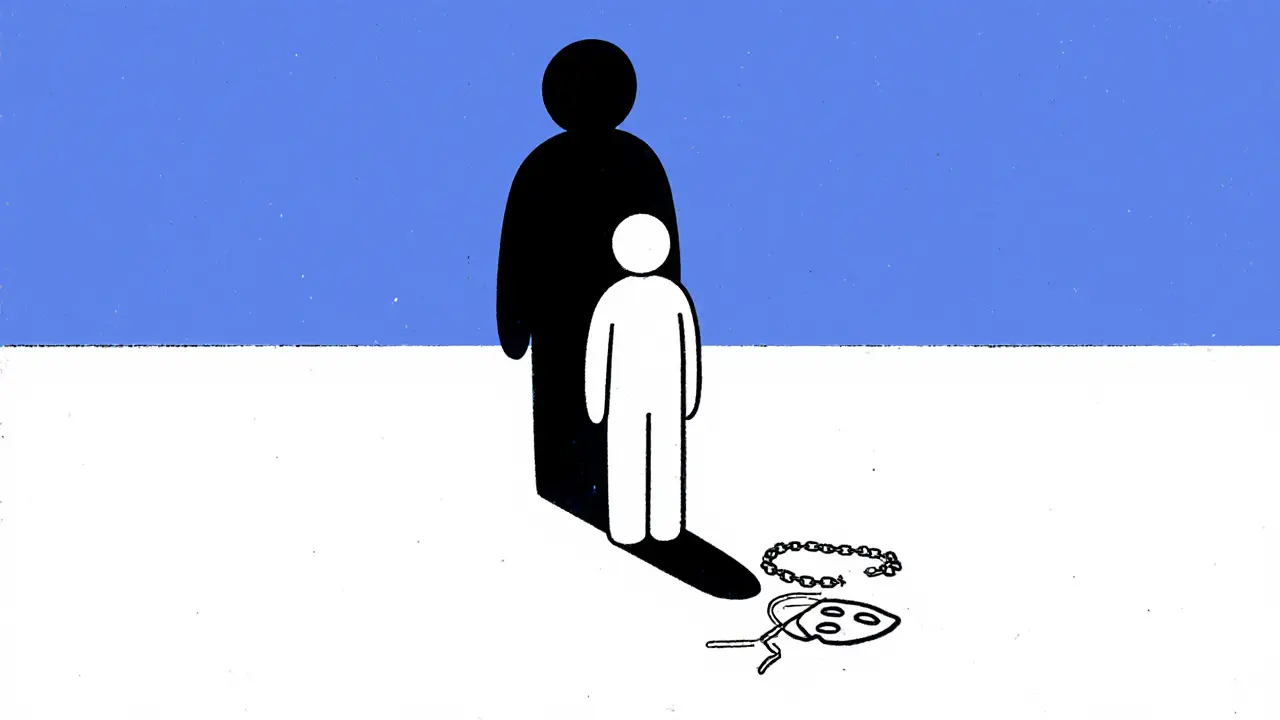 Postava čelí své temné stínové siluetě, vedle masky a symbolů potlačených emocí.