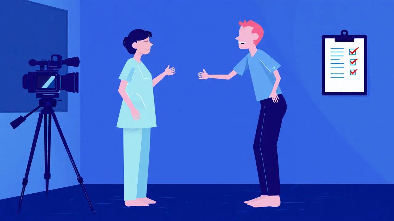 Simulační trénink deeskalace: terapeut, agresivní herec a kamera.