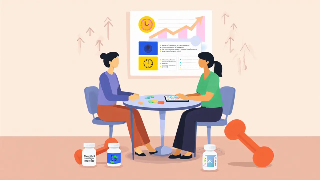 Terapeut a klient u stolu s časovým blokem, připomínkou, činkou a pilulkami.