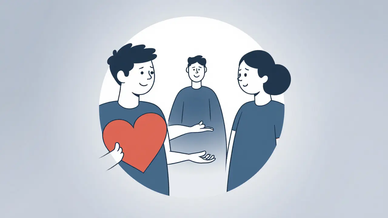 Tři lidé v kruhu, kteří se navzájem podporují, symbolizující podpůrnou skupinu.