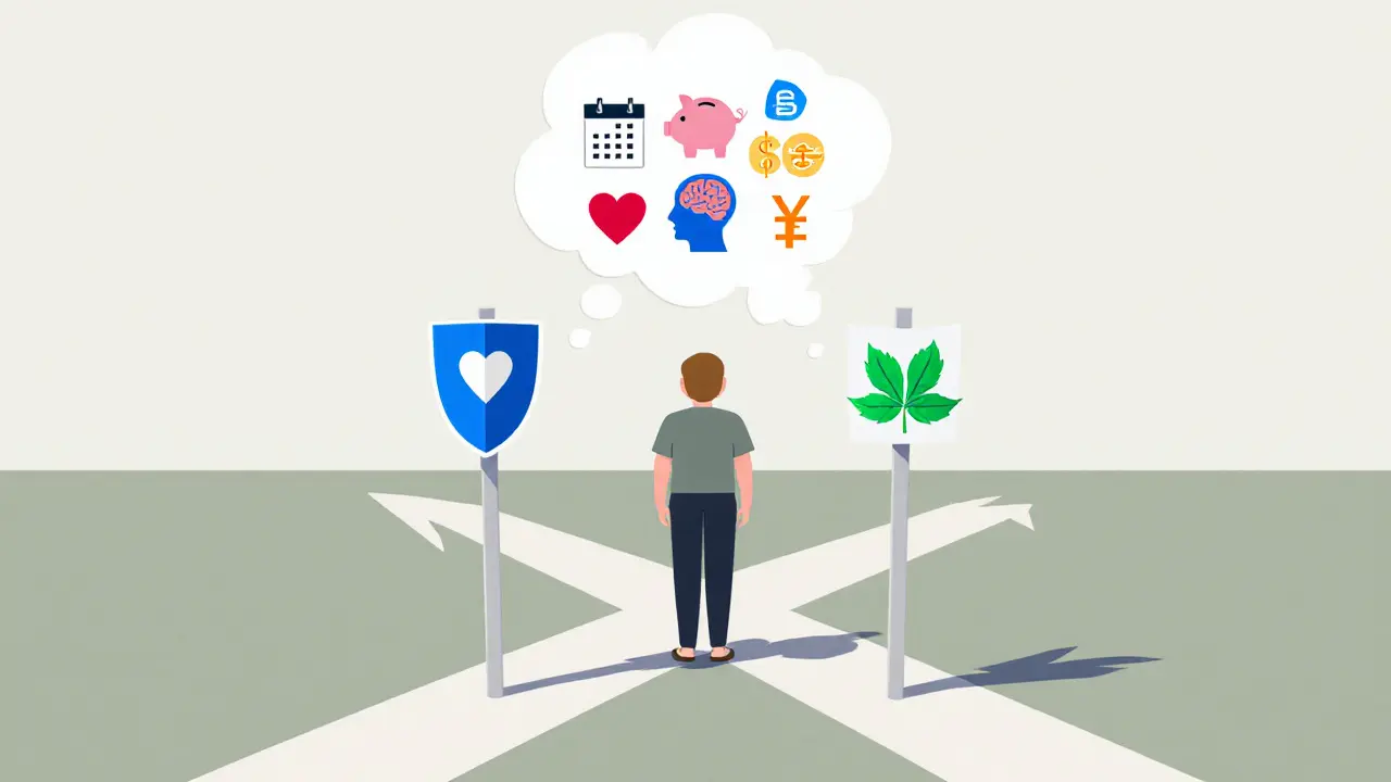 Osoba na křižovatce s dvěma značkami (štít a list) a bublinou myšlenek o zdraví, čase, ceně a specializaci.