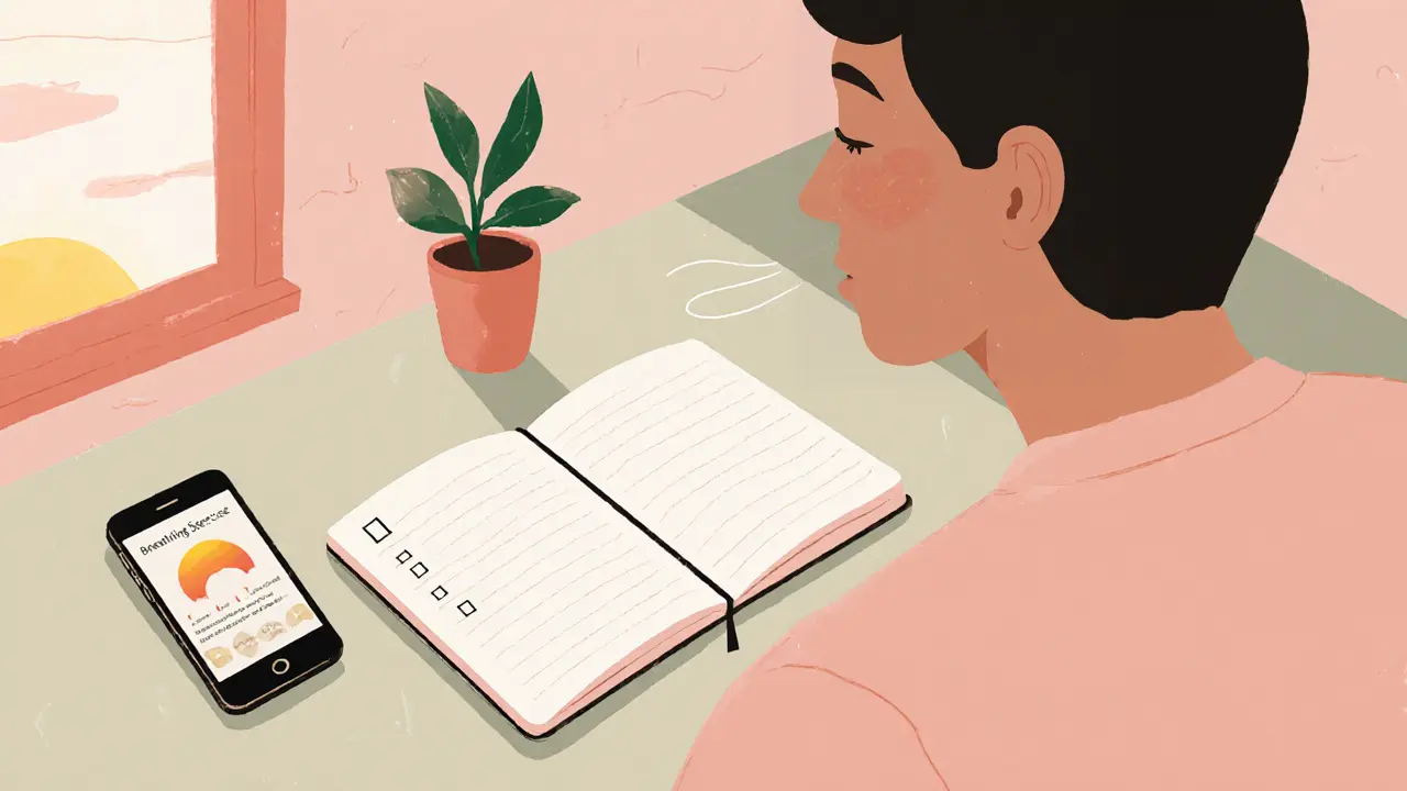 Osoba zapisuje do deníku a provádí dechové cvičení v ranním světle.