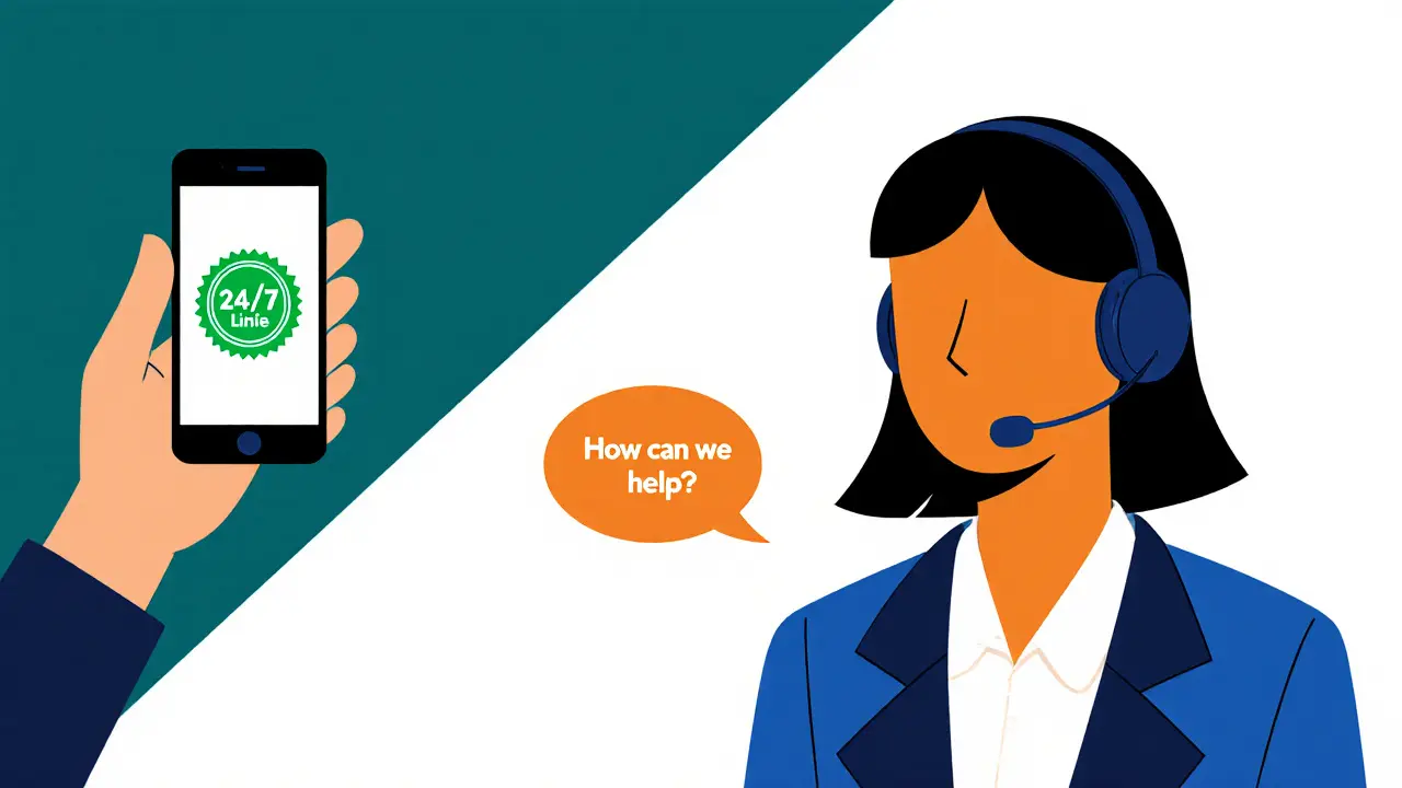 Postava s telefonem a operátor v sluchátku, symbolizující nonstop linku.