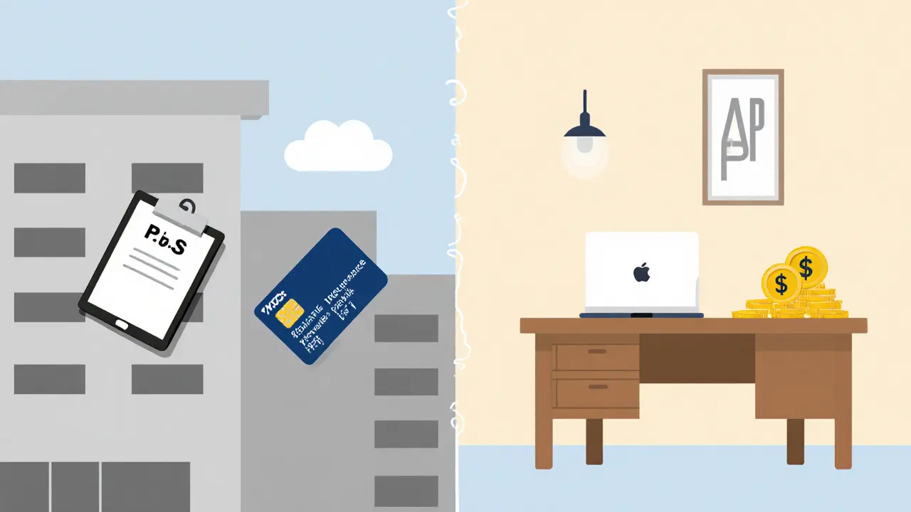 Rozdělená scéna: levá část s nemocniční budovou a pojistkou, pravá s domácí kanceláří a mincí.