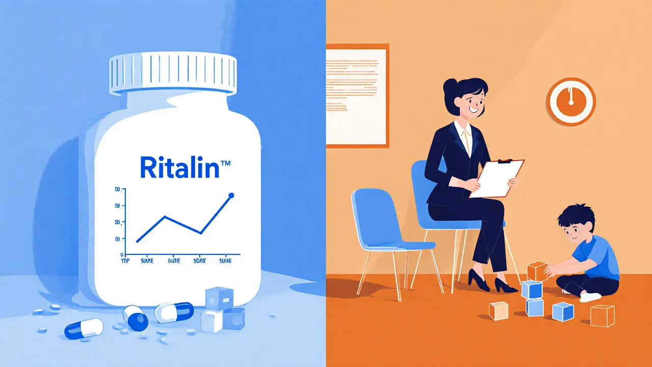 Rozdělený obrázek: levá polovina s pilulkami, pravá s terapeutem a dítětem při aktivitě.