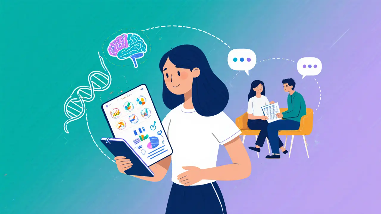 Teenagerka s aplikací na tabletu, DNA helix a rodič s terapeutem v pozadí.