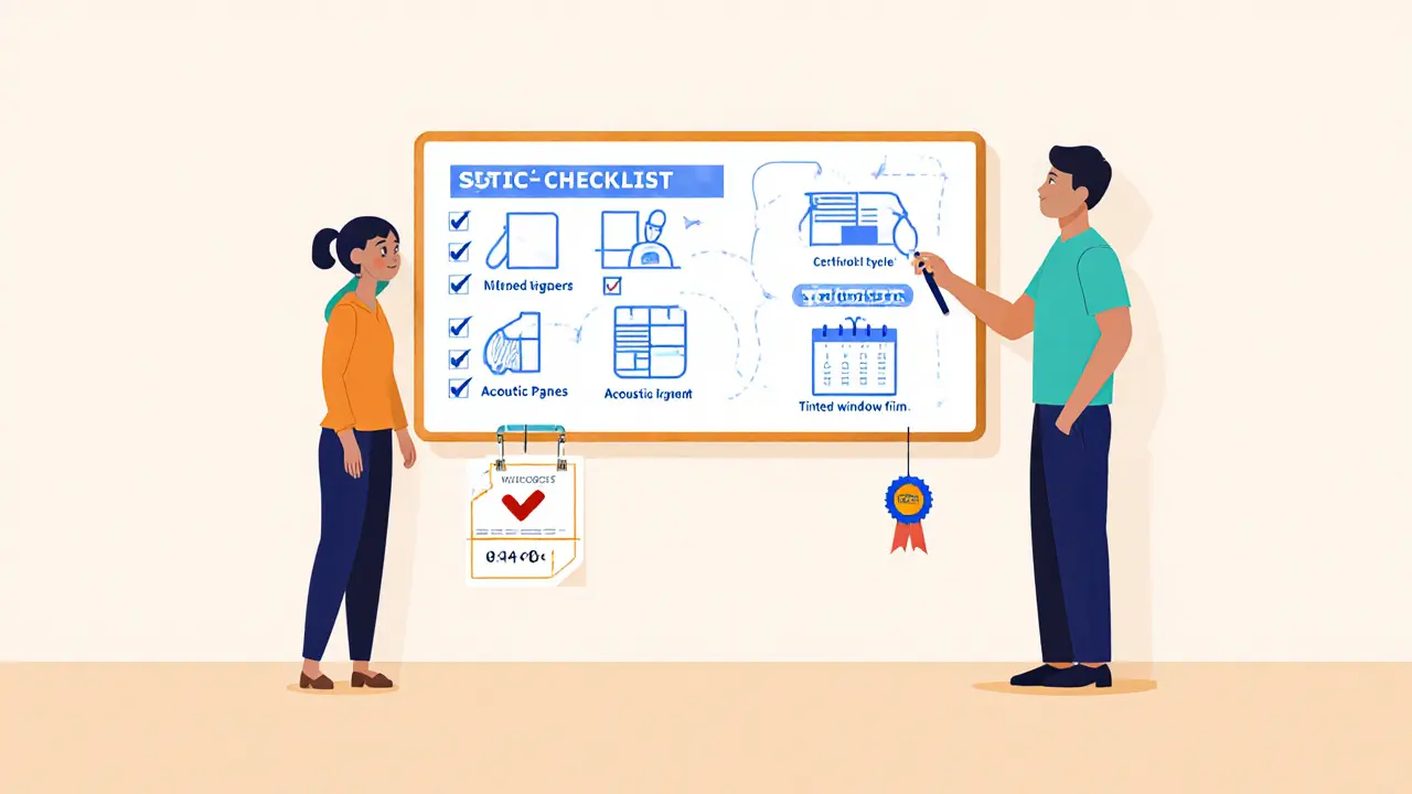 Checklist s ikonami LED pásků, akustických panelů a certifikace, kreslený minimalistický styl.