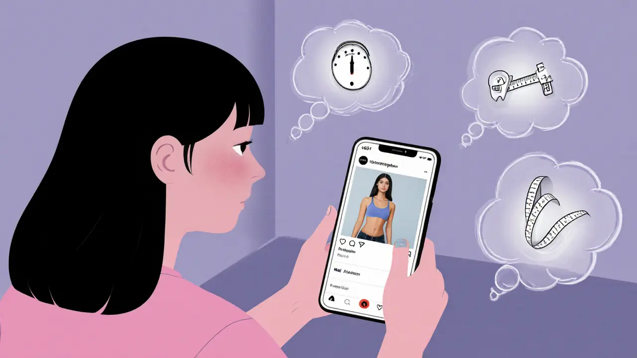 Dívka sleduje retušovaný Instagramový obrázek, kolem ní bubliny s kritickými myšlenkami.