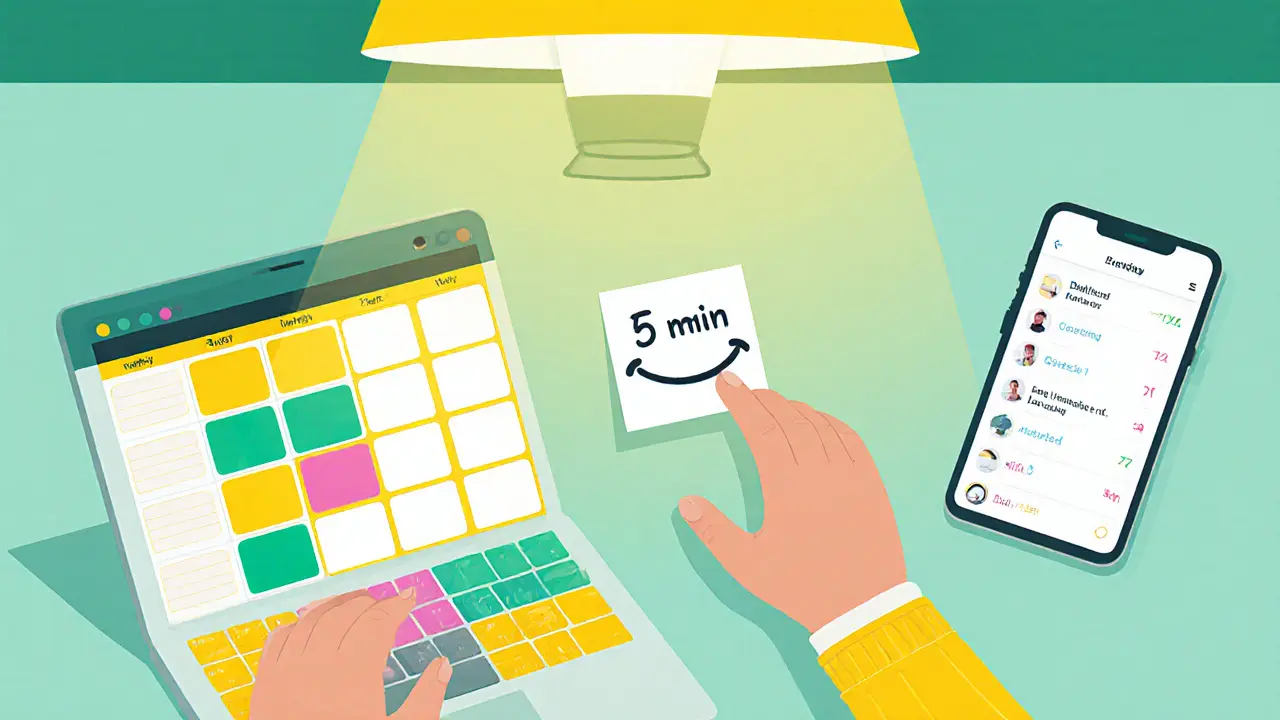 Dospělý používá plánovač a připomínku na 5‑minutový start u počítače.