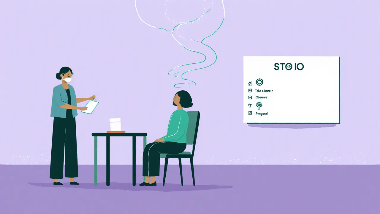 Klient cvičí DBT všímavost, zobrazeny kroky STOP.