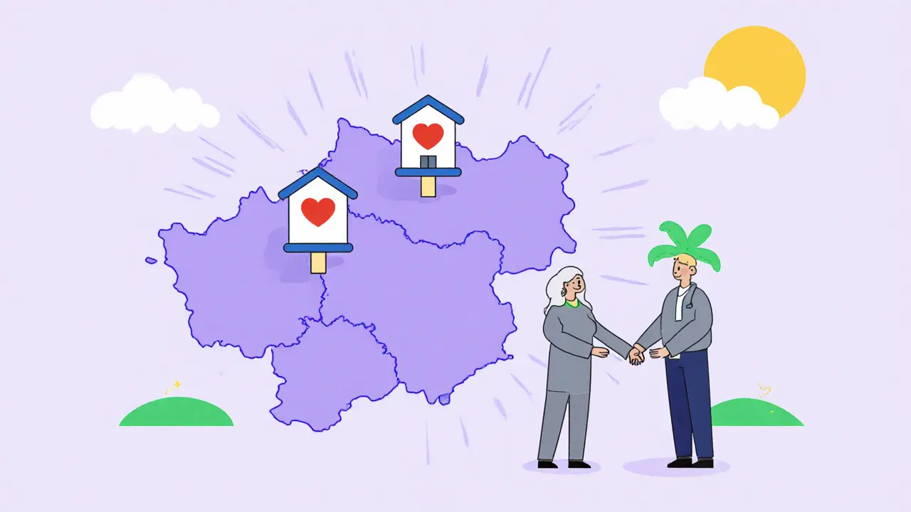 Mapa ČR s ikonami terapeutických center a postavami podporujícími budoucnost KBT.