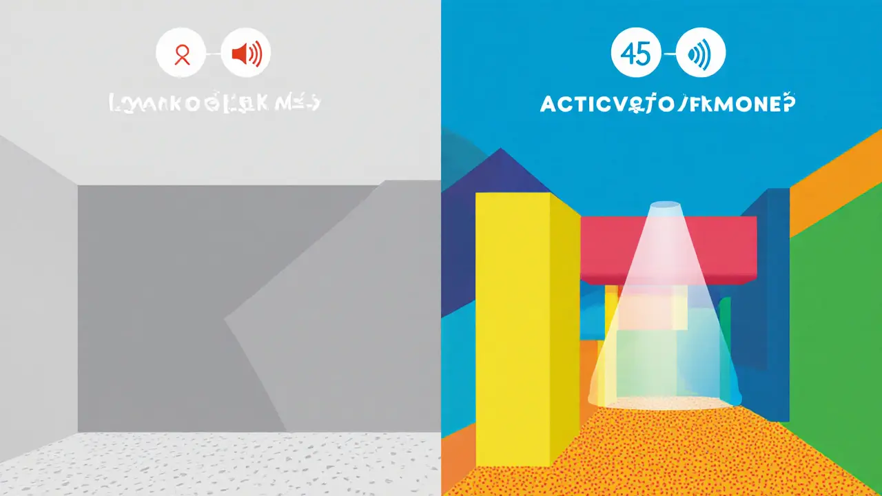 Rozdělená místnost: klidová zóna v šedých tónech a aktivace zóna v jasných barvách, minimalistický.