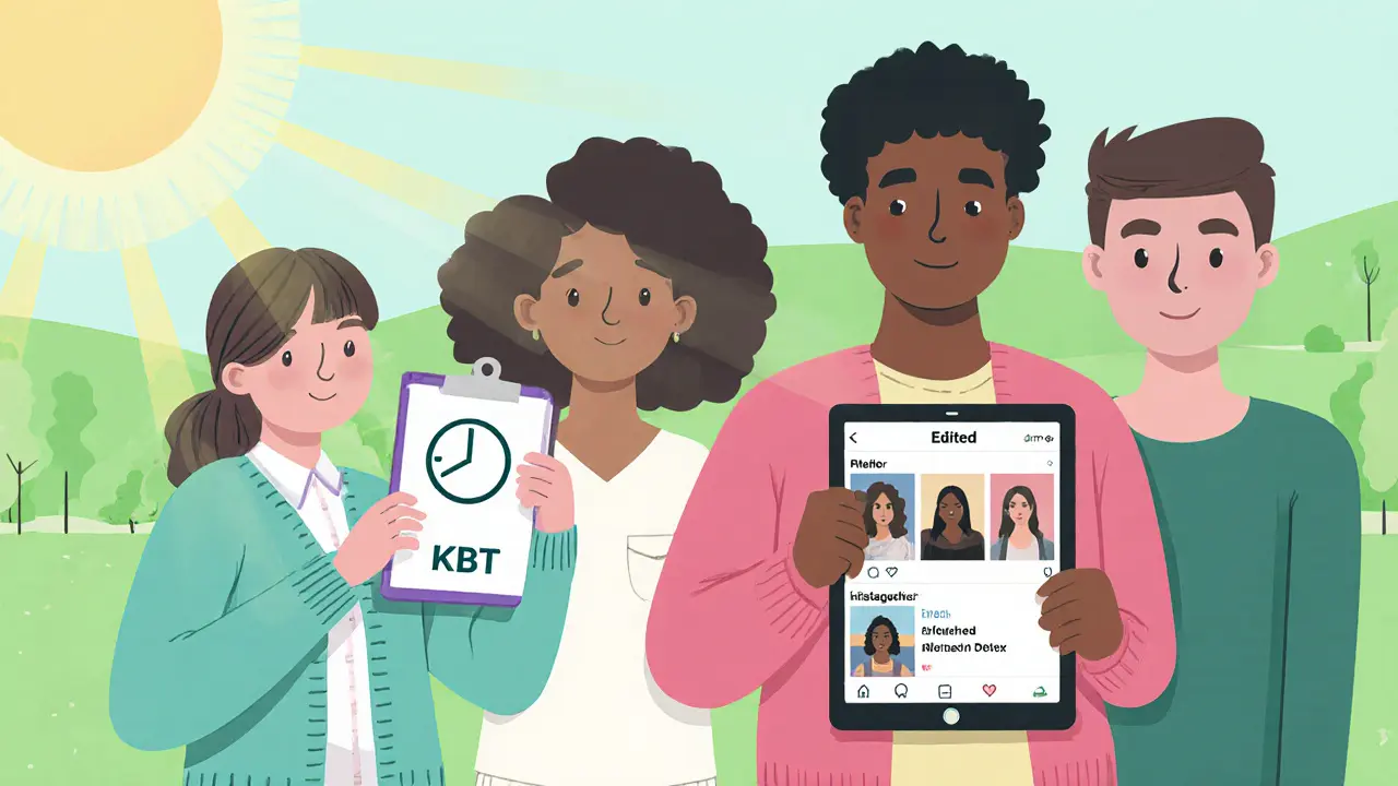 Skupina lidí v pastelových barvách diskutuje o tělesné neutralitě a digitálním detoxu.