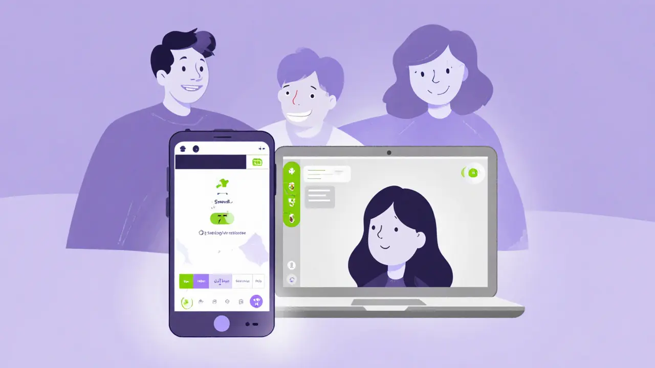 Smartphone s AI aplikací a video hovor s terapeutem, rodina v pozadí podporuje.