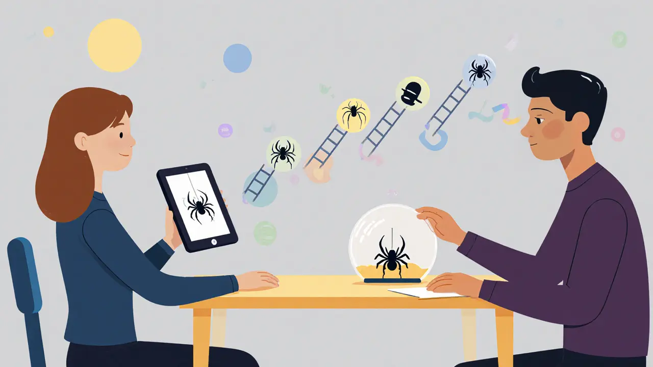 Terapeut a pacient u stolu, vedle ikony vystavovacího žebříčku s pavouky.