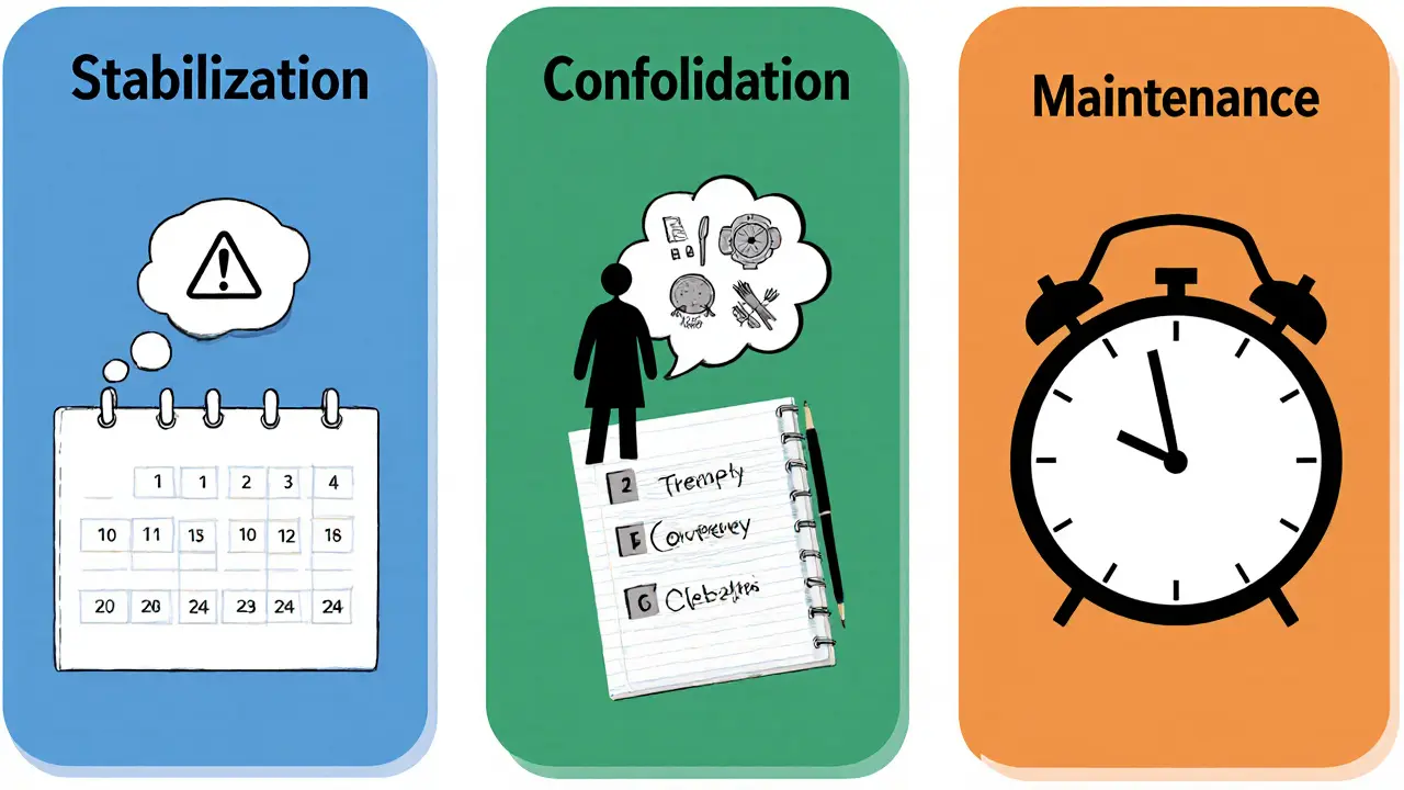 Tři panely ukazují fáze plánu: stabilizaci, konsolidaci a údržbu s příklady aktivit.