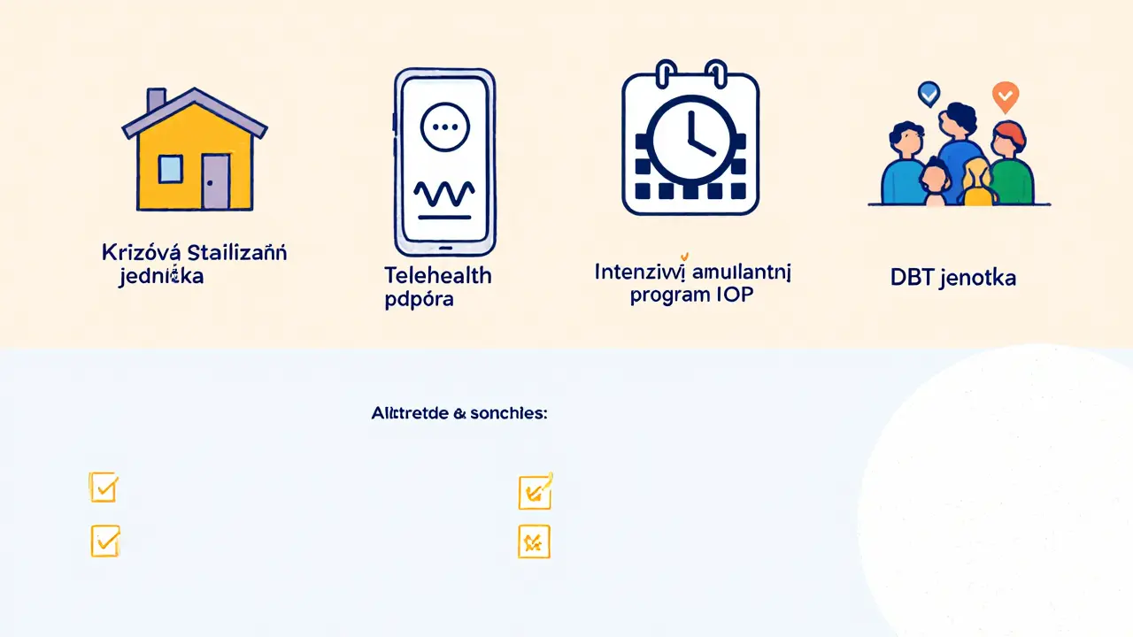 Čtyři ikony ukazující alternativy péče a jednoduchý kontrolní seznam.
