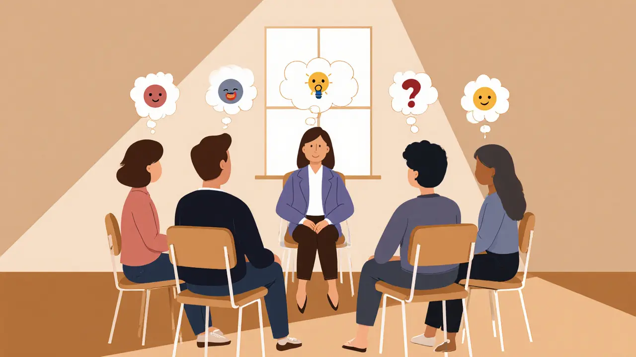 Skupinová terapie v kruhu, terapeut a pacienti s myšlenkovými ikonami, minimalistický styl.