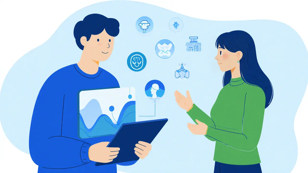 Teenager s tabletovým aplikací MBT, AI ikony a terapeut, minimalistické zobrazení budoucnosti terapie.