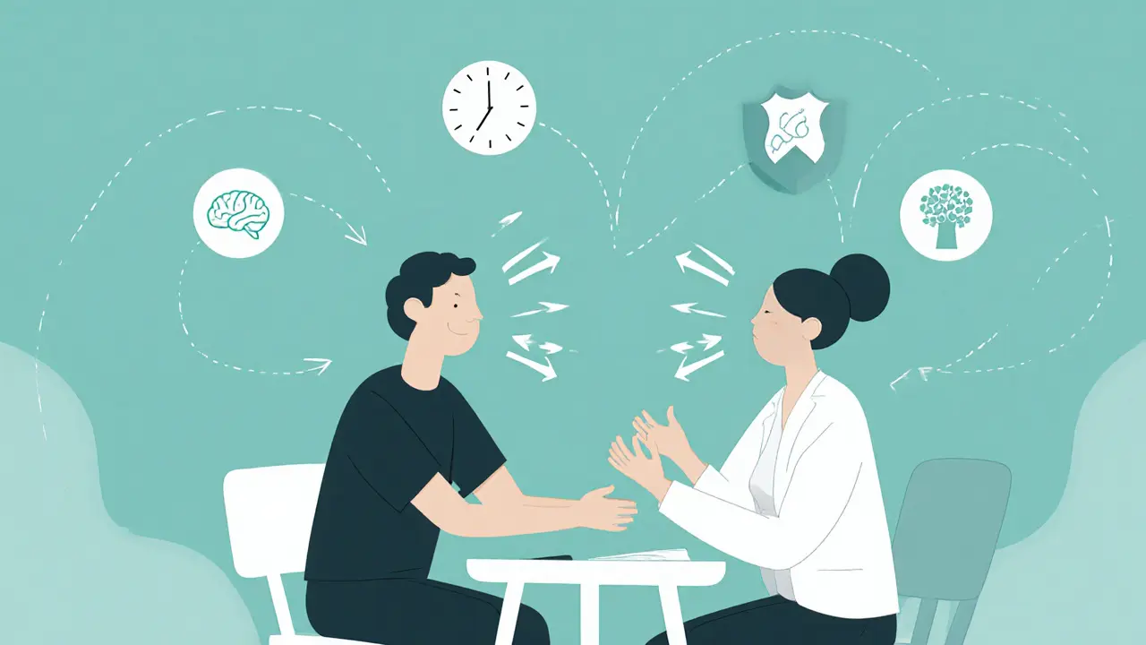 Terapeut provádí EMDR, kolem jsou ikony různých terapií.