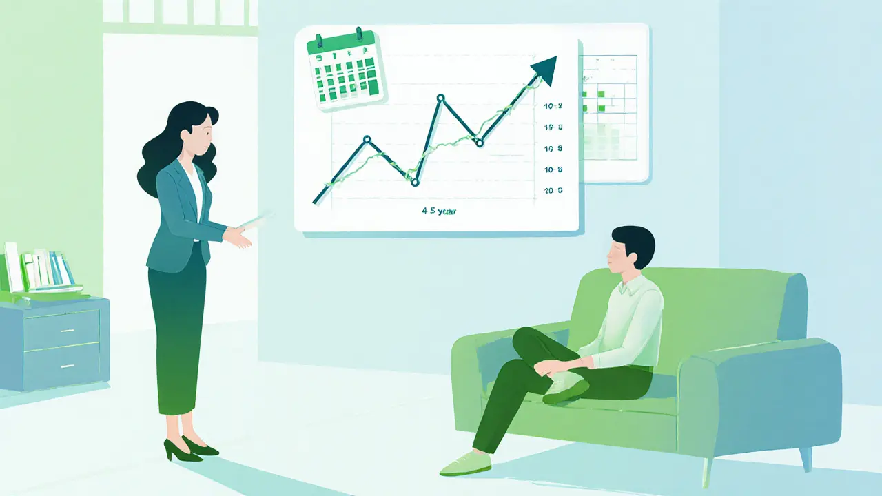 Terapeut v kanceláři s klientem a rostoucí grafikou představující trh práce.