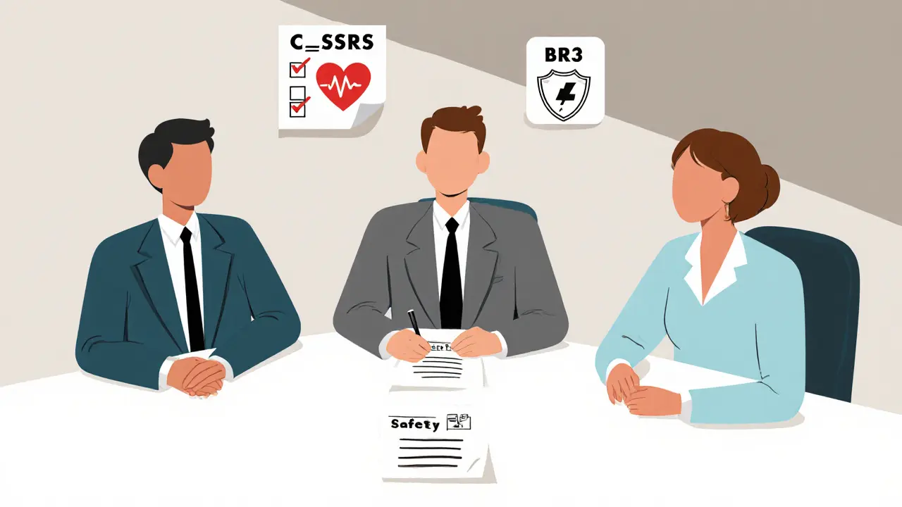 Tři zdravotníci u stolu s ikonami hodnocení rizika a bezpečnostního plánu.