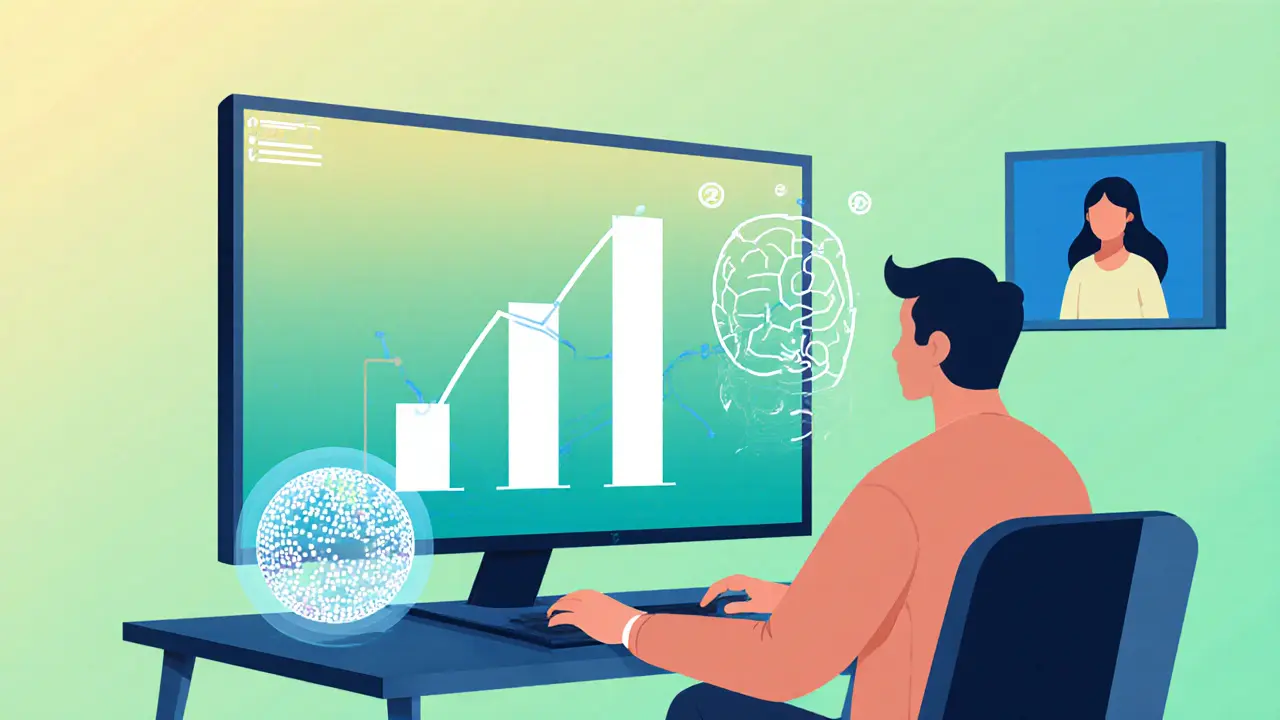 Domácí kancelář s AI asistencí a terapeutem ve videohovoru během osobního tréninku.