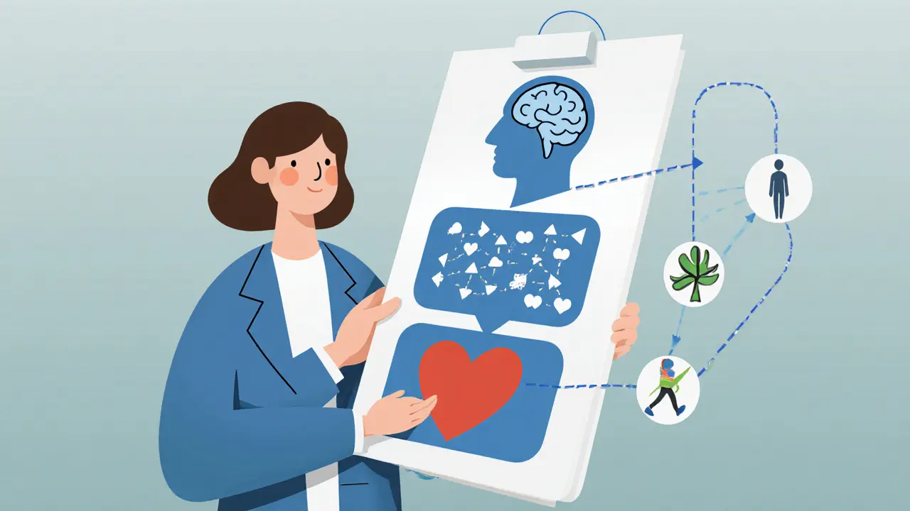 Mapa terapie rozdělená na emoce, myšlenky a tělesné pocity s ikonami mindfulness, restrukturalizace a pohybu.