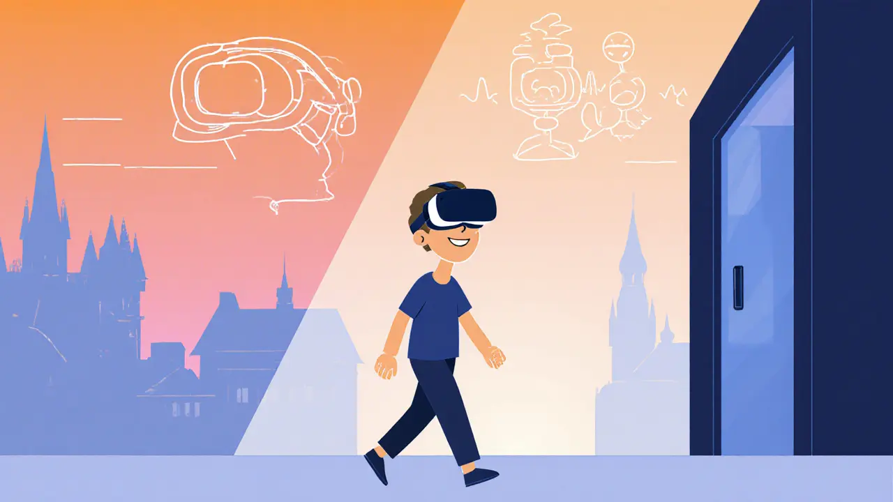 Pacient odchází z kliniky, symbolizující budoucnost KAT s VR a EEG.