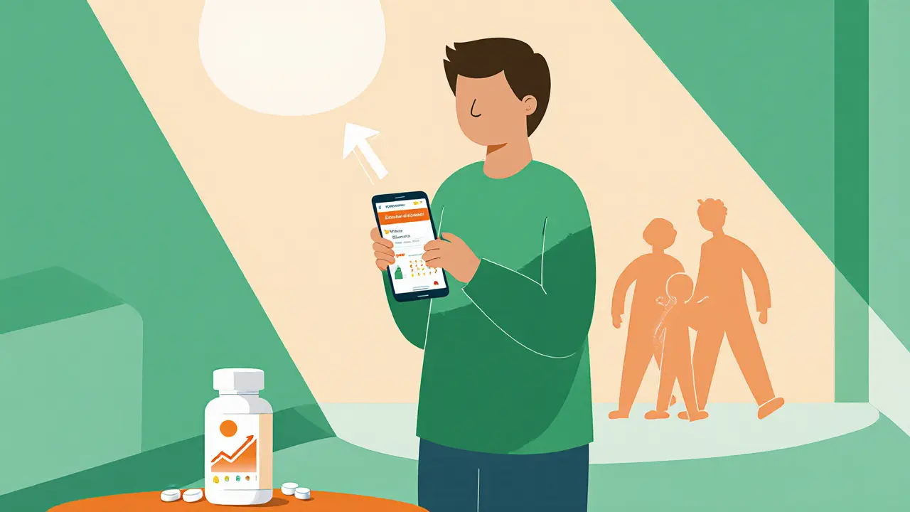 Postava drží mobil s aplikací pro sledování nálady, vedle léky, v pozadí podpora rodiny a šipka směřující vzhůru.