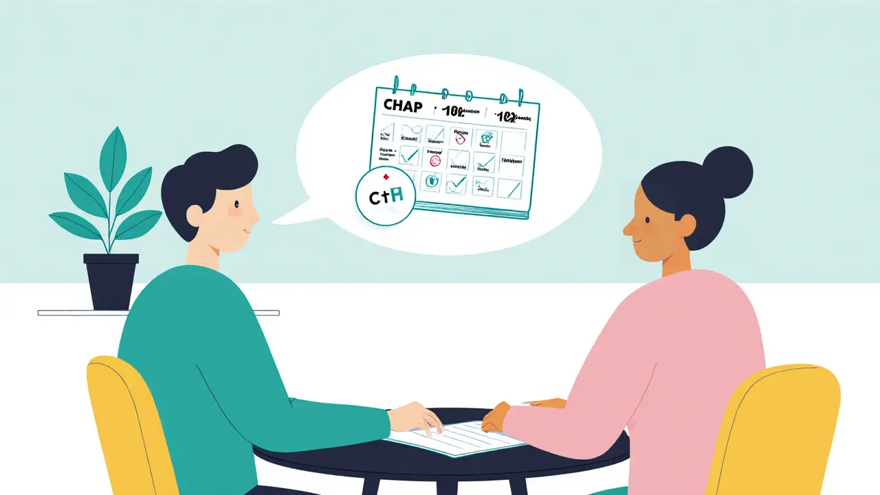 Terapeut a klient plánují kontrolní sezení a ukazují CHAP metodiku na kalendáři.