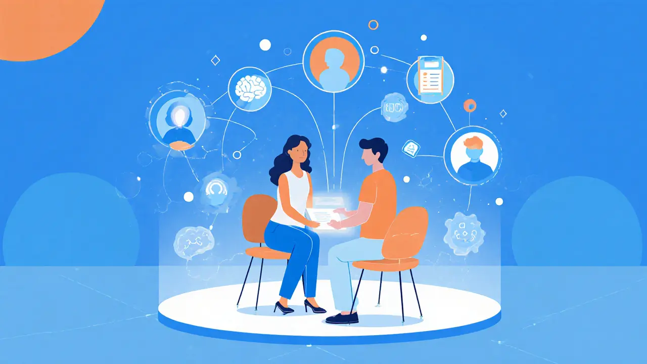 Terapeut a klient u holografické tablety s ikonami mysli, těla a ducha.