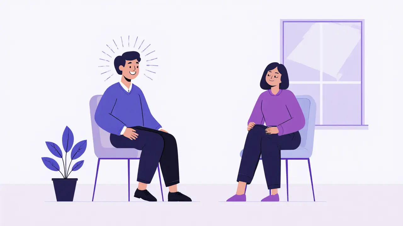 Terapeut a klient v útulné místnosti, vyzařující důvěru a empatii.