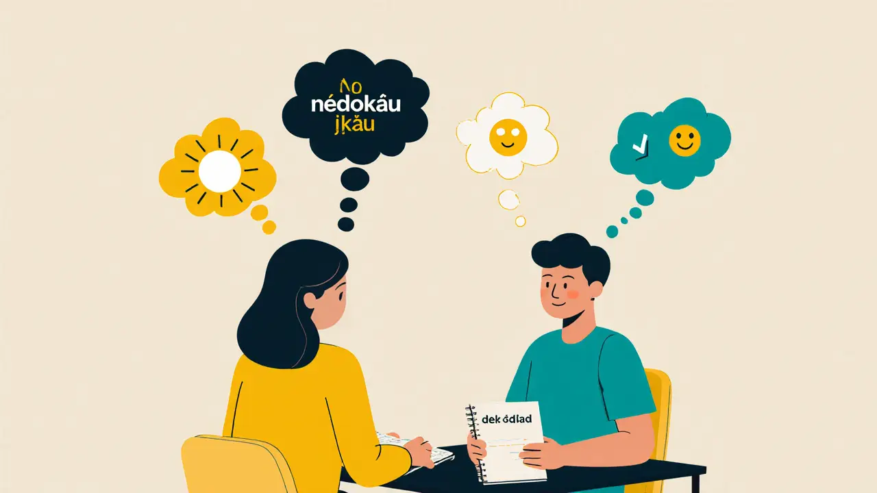 Terapeut a pacient u stolu; myšlenkové bubliny mění temné slovo na slunečnice a úsměv, ukazuje KBT.