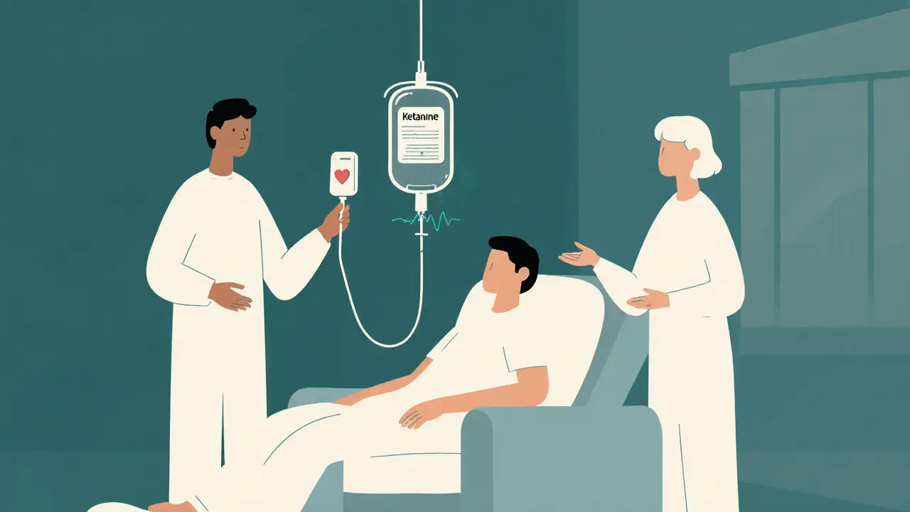 Terapeuté dohlížejí na pacienta během ketaminové terapie.