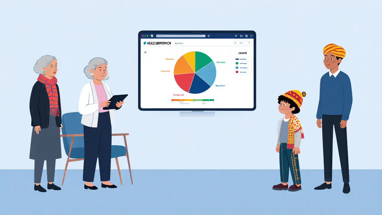 Digitální aplikace zobrazuje mapu hodnot na tabletu, vedle ní stojí různorodí klienti, vše v čistém minimalistickém kresleném stylu.