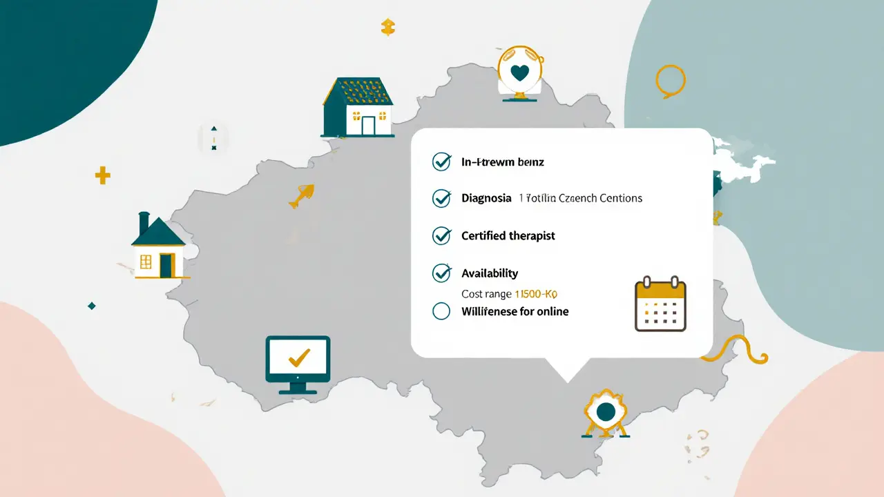 Grafické zobrazení českých FBT center, online sezení a cenové rozmezí.