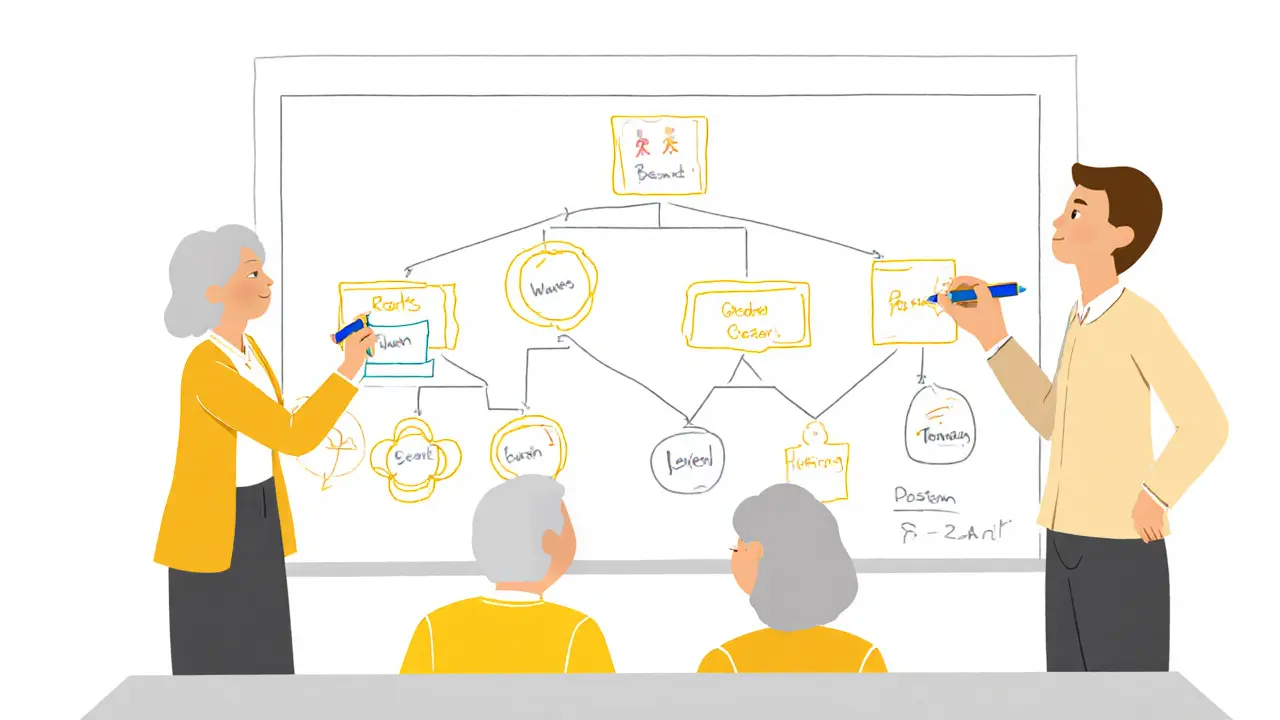 Jednoduchý genogram zobrazující tři generace s prarodiči doplňujícími údaje.