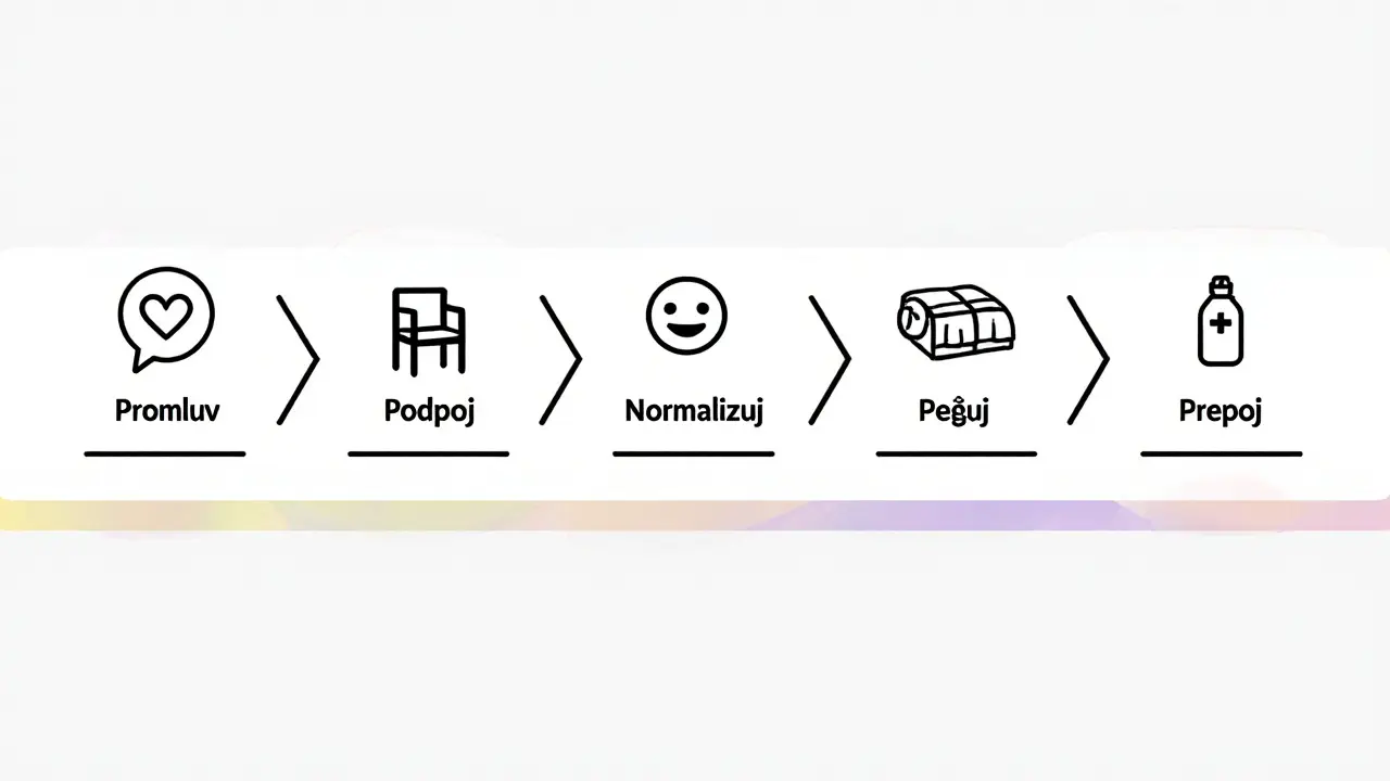 Pět jednoduchých ikon znázorňuje kroky 5T první psychické pomoci.