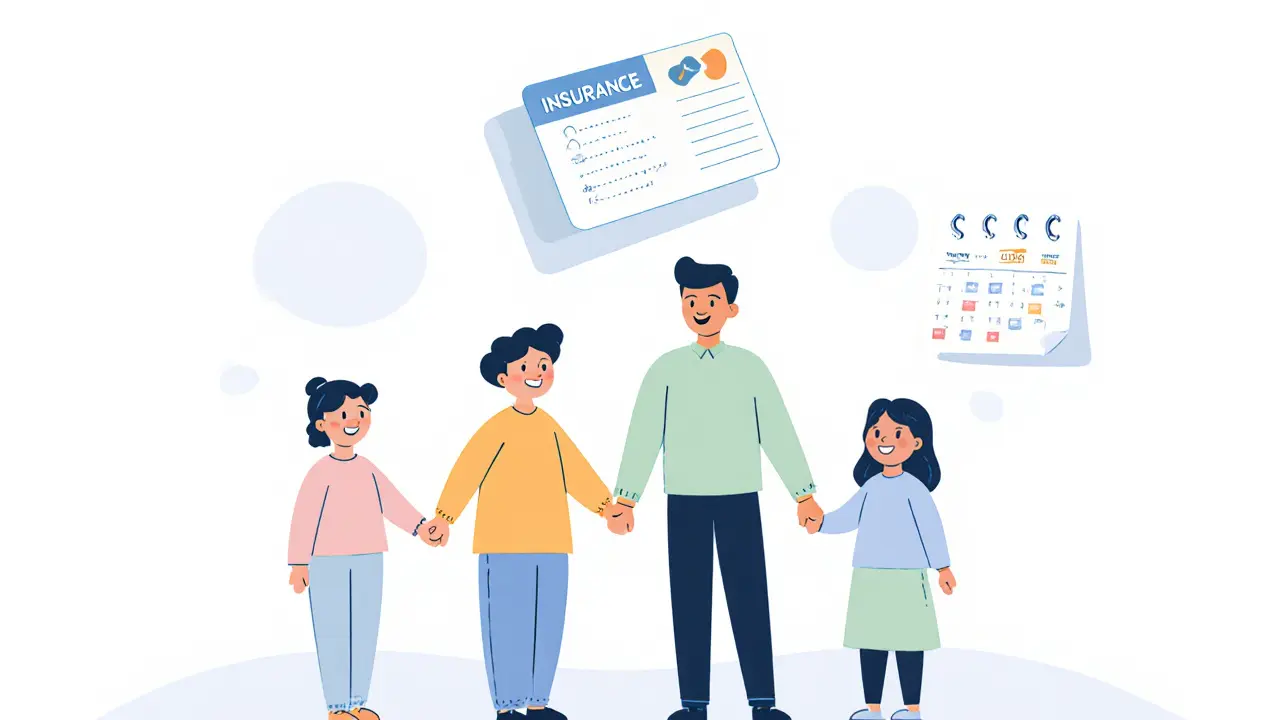 Rodina a terapeut s pojišťovacím průkazem a kalendářem s fajfkou.