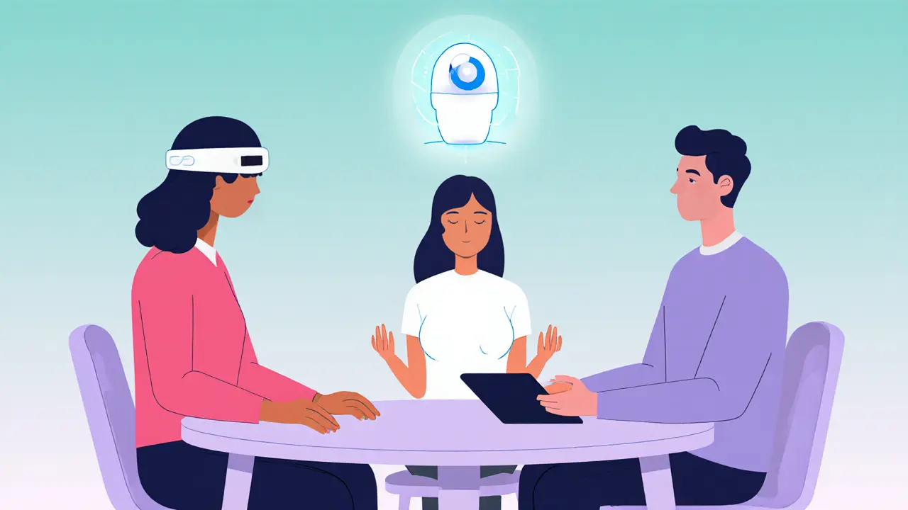 Skupina dospělých s ADHD využívá biofeedback, mindfulness a digitální asistenty v futuristickém prostředí.