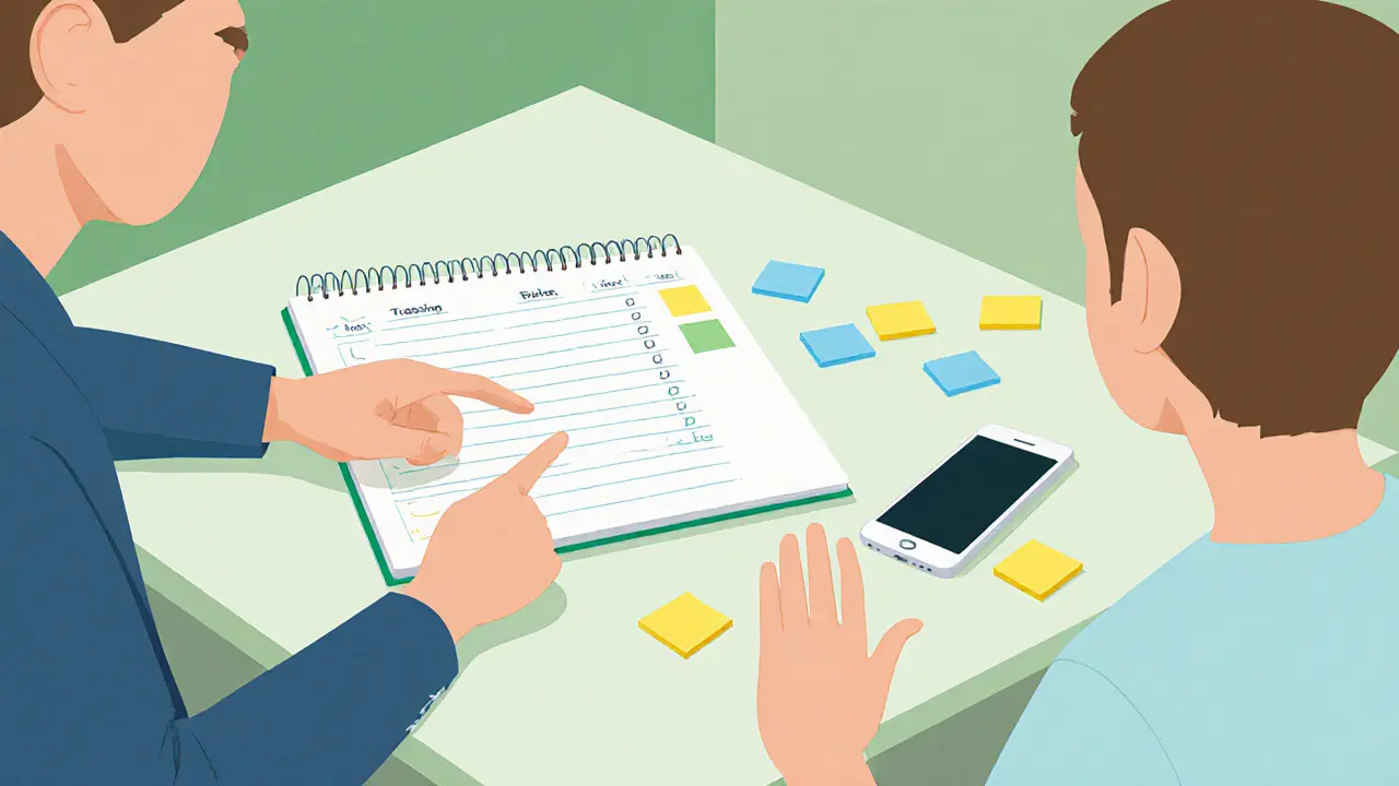 Terapeut a klient pracují s deníkem a telefonními připomínkami při kognitivně‑behaviorální terapii.