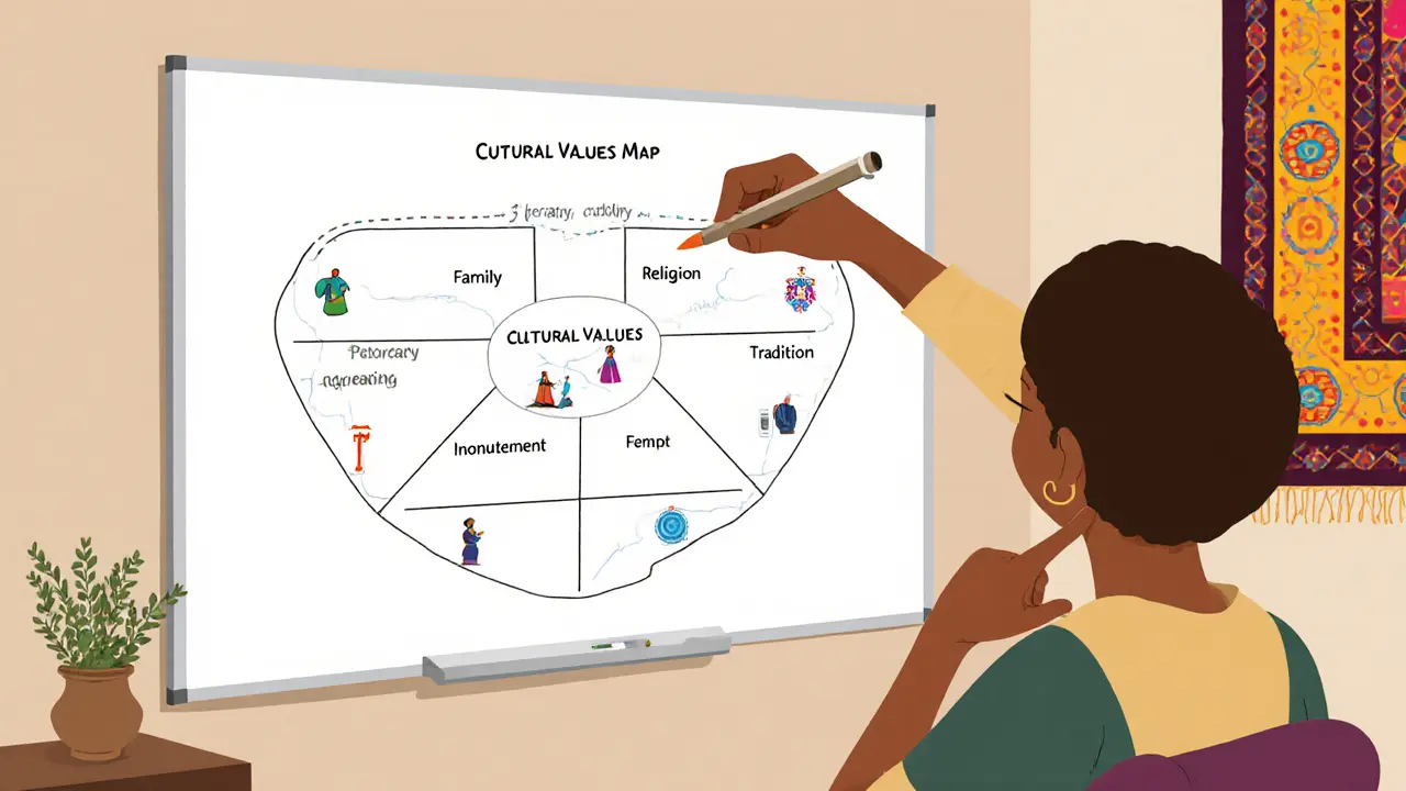 Terapeut kreslí kulturogram na tabuli, zatímco klient ukazuje gestikulaci, scéna v minimalistickém karikaturním provedení.