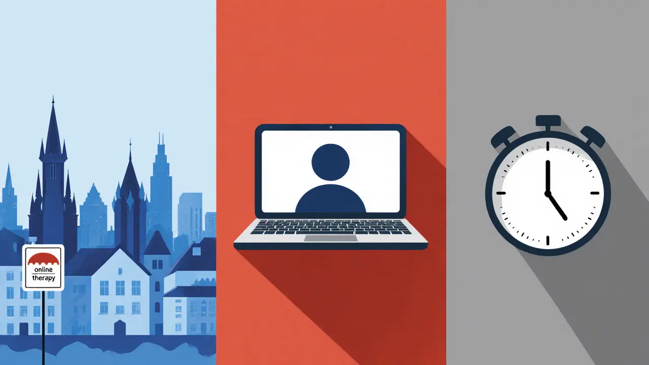 Tři ilustrace: Pražská silueta, online videohovor a hodiny ukazující 60‑90 minut.