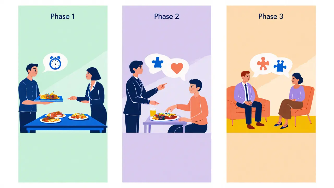 Tři panely ukazují fáze FBT: rodiče řídí výživu, sdílená kontrola, rodinná komunikace.