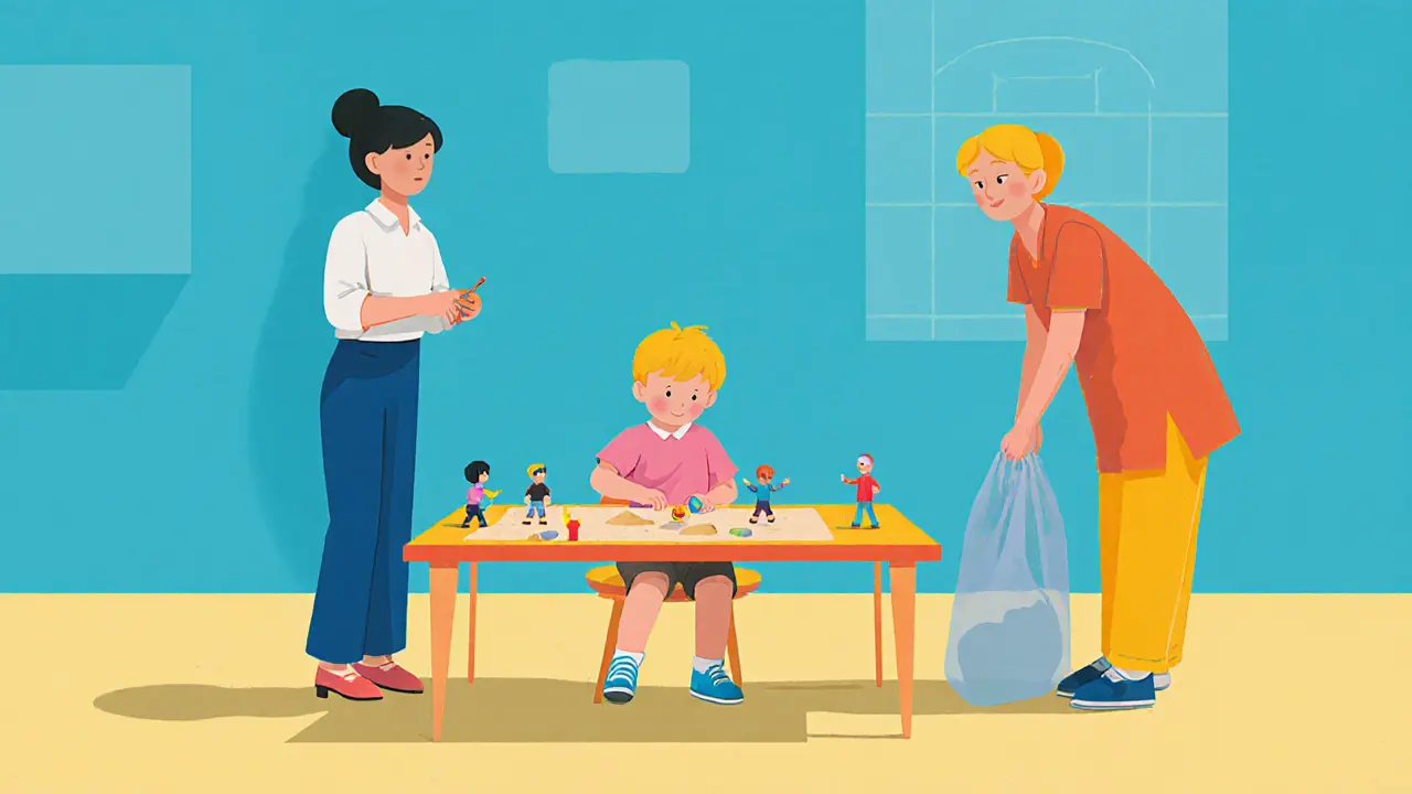 Dítě hrající si s pískem a figurkami, terapeut a rodič sledují scénu.