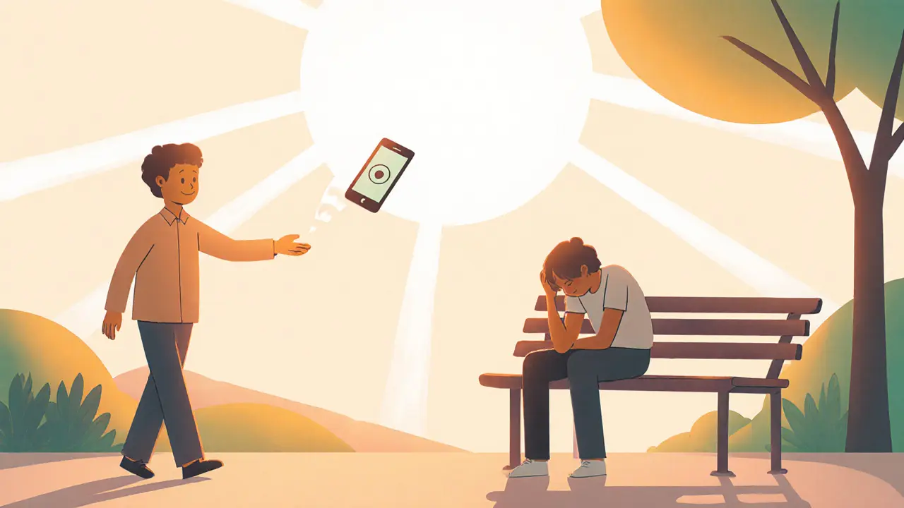 Podpora v krizové situaci: klidná osoba podává ruku zmatenému člověku na lavičce, nadějná scéna.